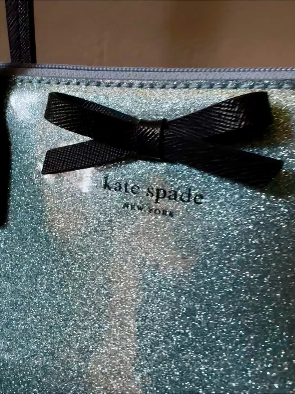kate spade Glitter Tote in Light Blue with Black Trim